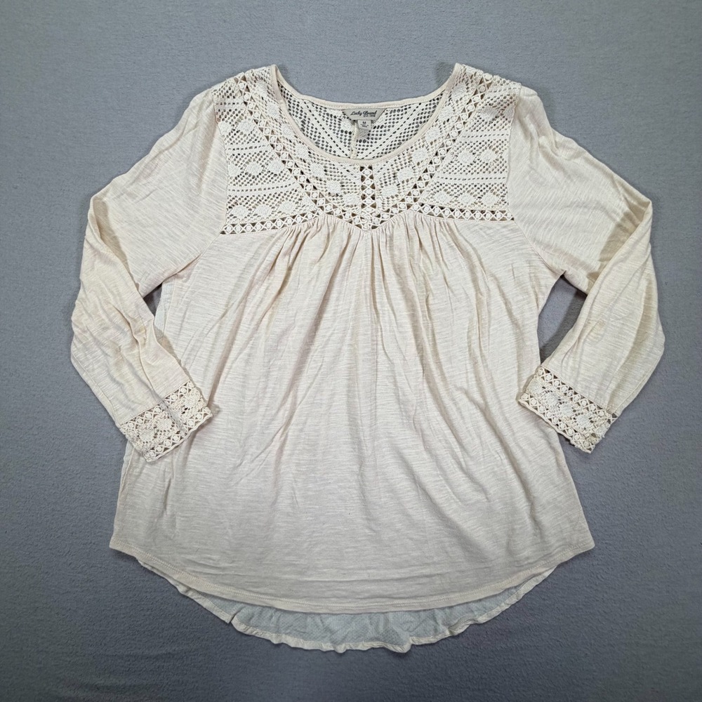Lucky Brand Peasant Top Womens Medium Good Cream Crochet Lace Slub Knit Blouse